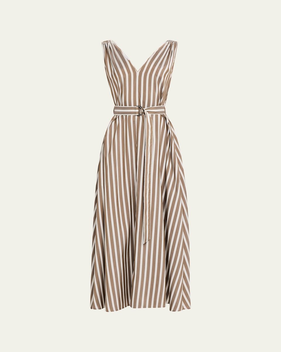 Striped Sleeveless Monili-Shoulder Belted Midi Dress